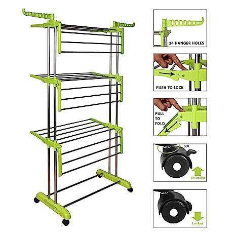 LIVING BASICS 3 Layer Finest Clothes Stand for Drying/Cloth Drying Stand/Cloth Stand for Drying Clothes Foldable/Cloth Drying Stand for Balcony/Stainless Steel Hanging Dress Dryer Rack (Green)