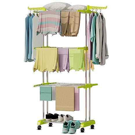 LIVING BASICS 3 Layer Finest Clothes Stand for Drying/Cloth Drying Stand/Cloth Stand for Drying Clothes Foldable/Cloth Drying Stand for Balcony/Stainless Steel Hanging Dress Dryer Rack (Green)