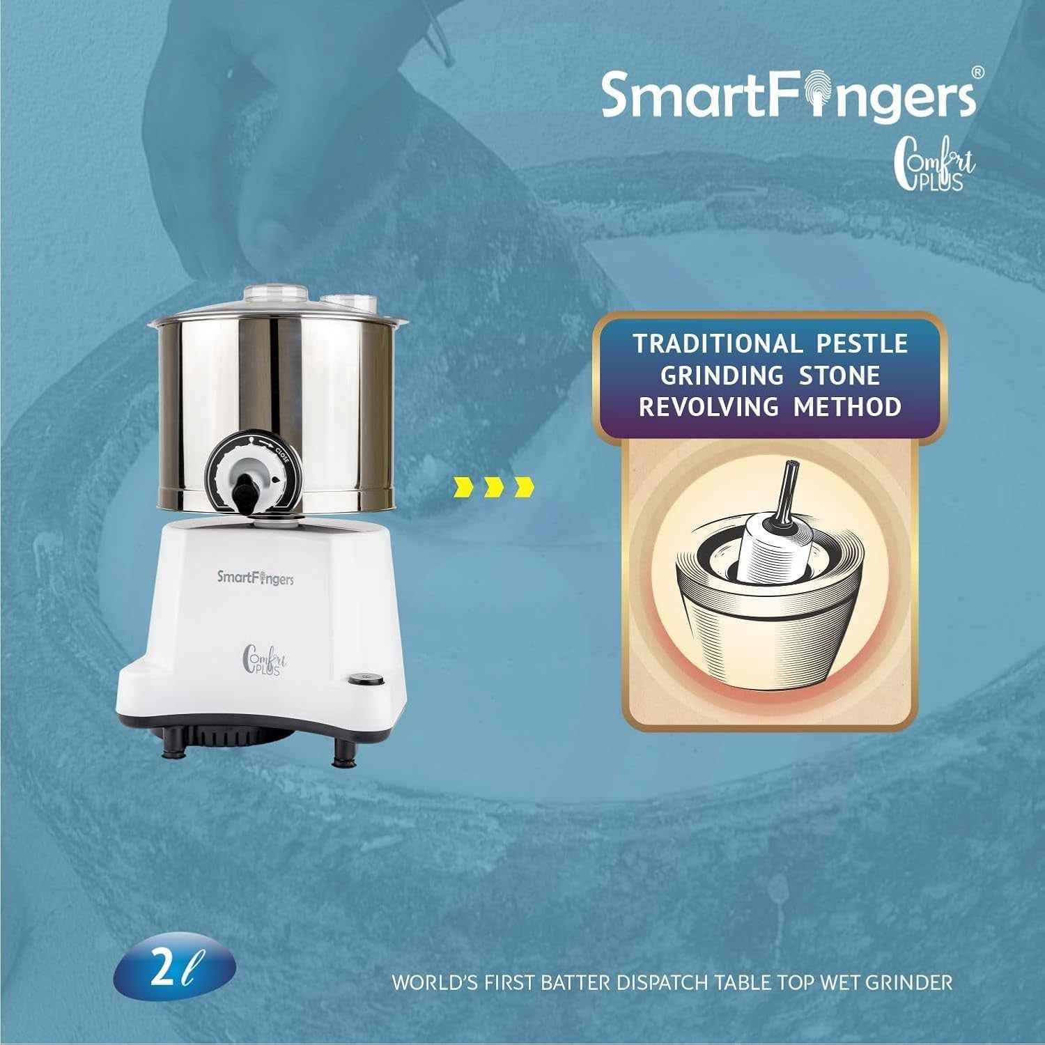 SmartFingers Stainless Steel Comfort Plus Table Top Magic Wet Grinder 110V 60Hz (2 L) For Usa Canada And Japan Only..