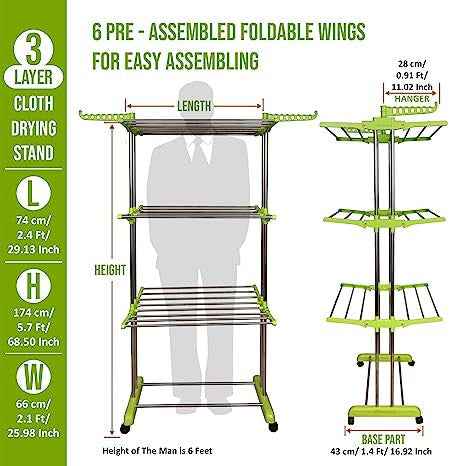 LIVING BASICS 3 Layer Finest Clothes Stand for Drying/Cloth Drying Stand/Cloth Stand for Drying Clothes Foldable/Cloth Drying Stand for Balcony/Stainless Steel Hanging Dress Dryer Rack (Green)