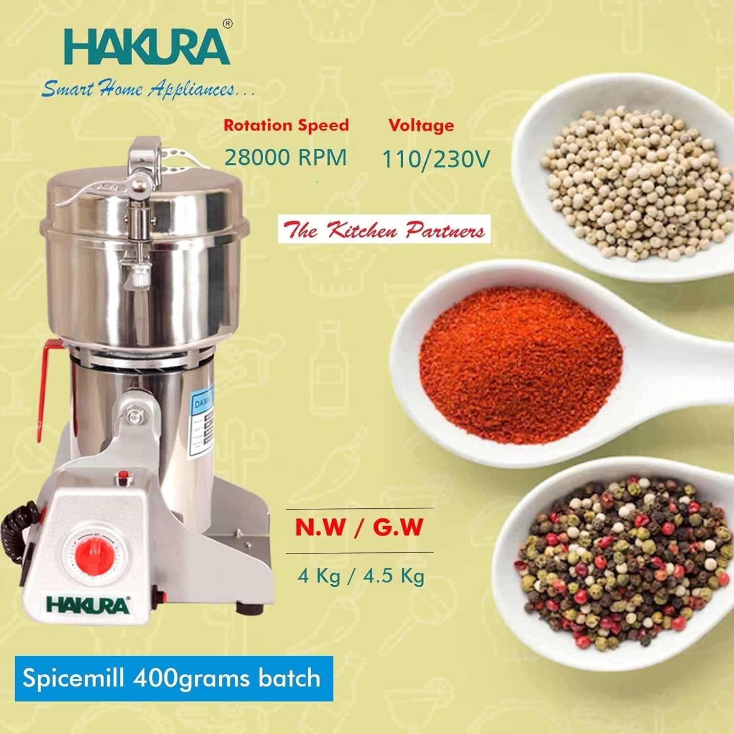 Stainless Steel Spice Mill Flour Mill Electric Dry Masala Herbs Grinder Mixer Machine for Home 400g (Silver)(110VOLT ONLY FOR USA & CANADA)